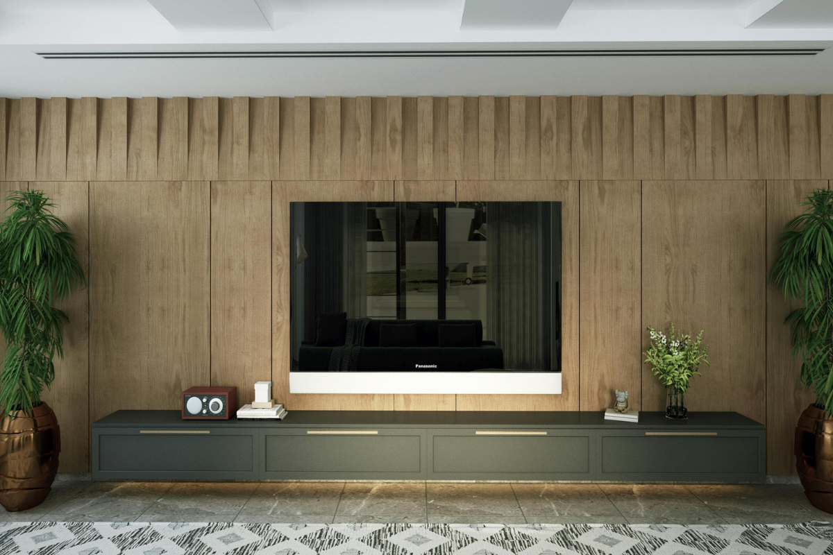 Fluted wall panels living room accent wall with vertical MDF grooves behind a modern sofa