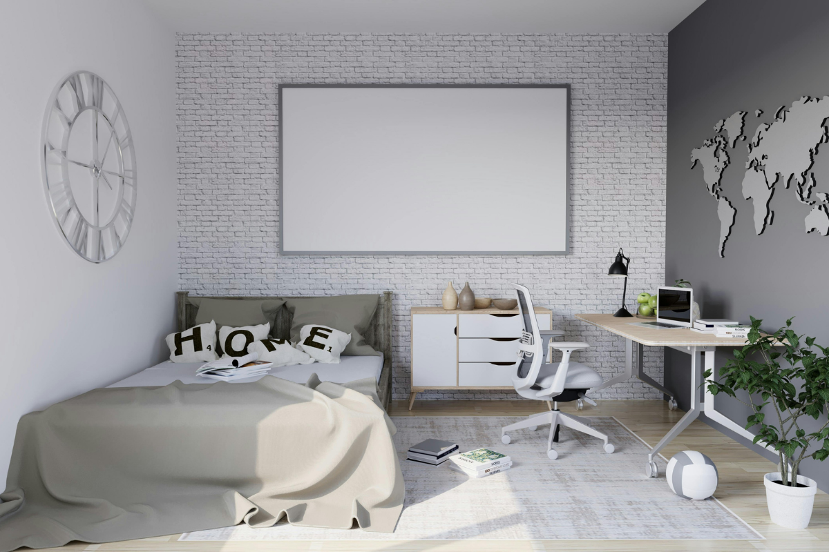 Multifunctional home office guest room with Murphy bed desk combo folded up to reveal a modern workspace in a small room