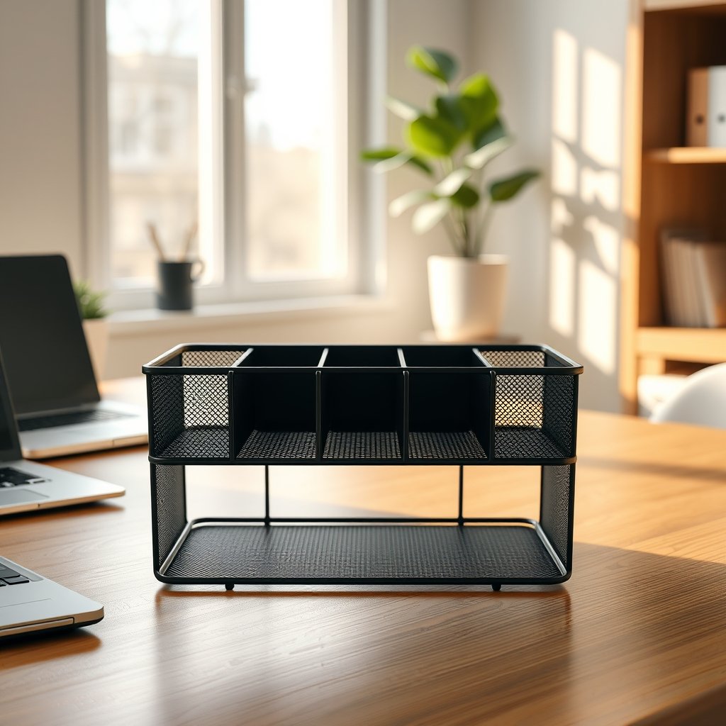 Black mesh desk organizer with compartments